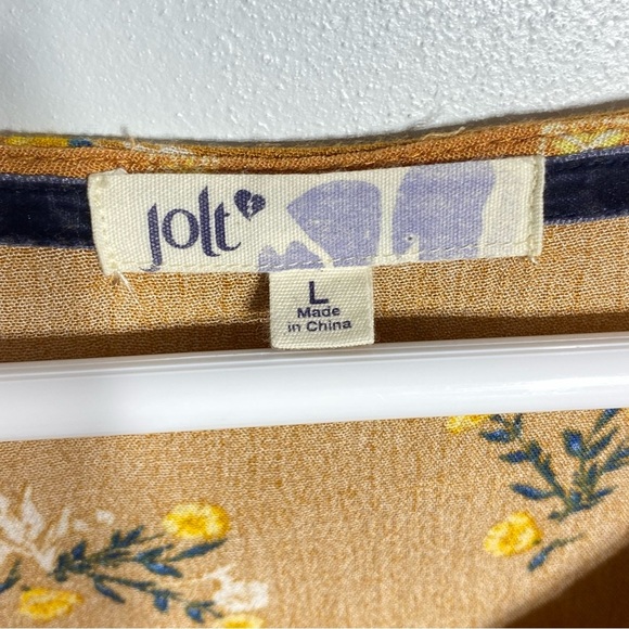 Jolt Women's Blouse L Mustard Yellow Hi Low Floral Vneck Front Tie Long Sleeve - Picture 5 of 14